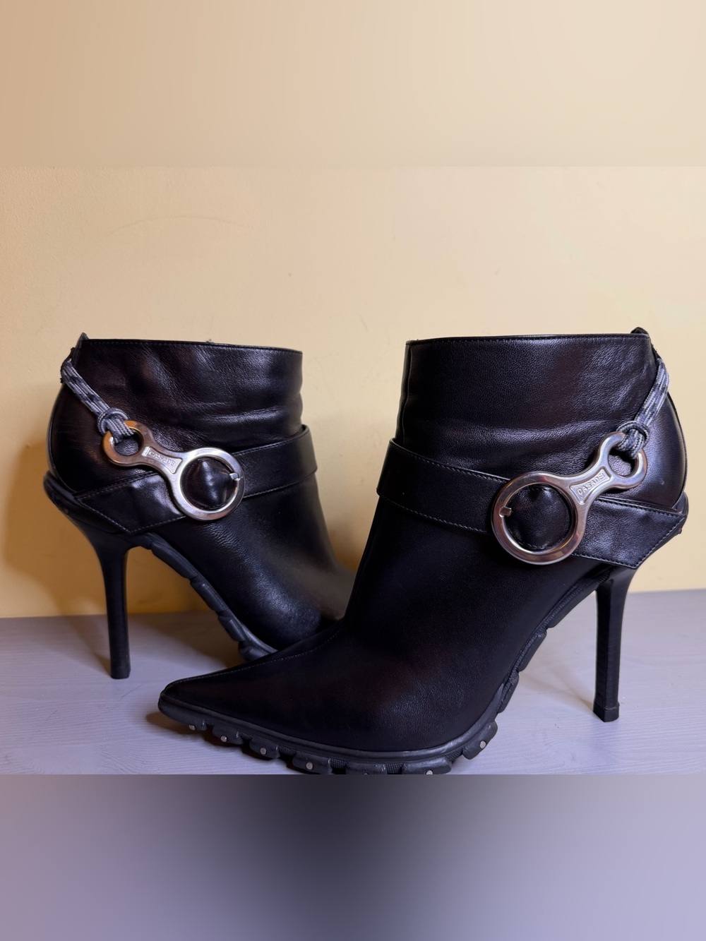 Casadei Black Leather Ankle Boots with Silver Ring Accent, size UK 40/ US 9.5